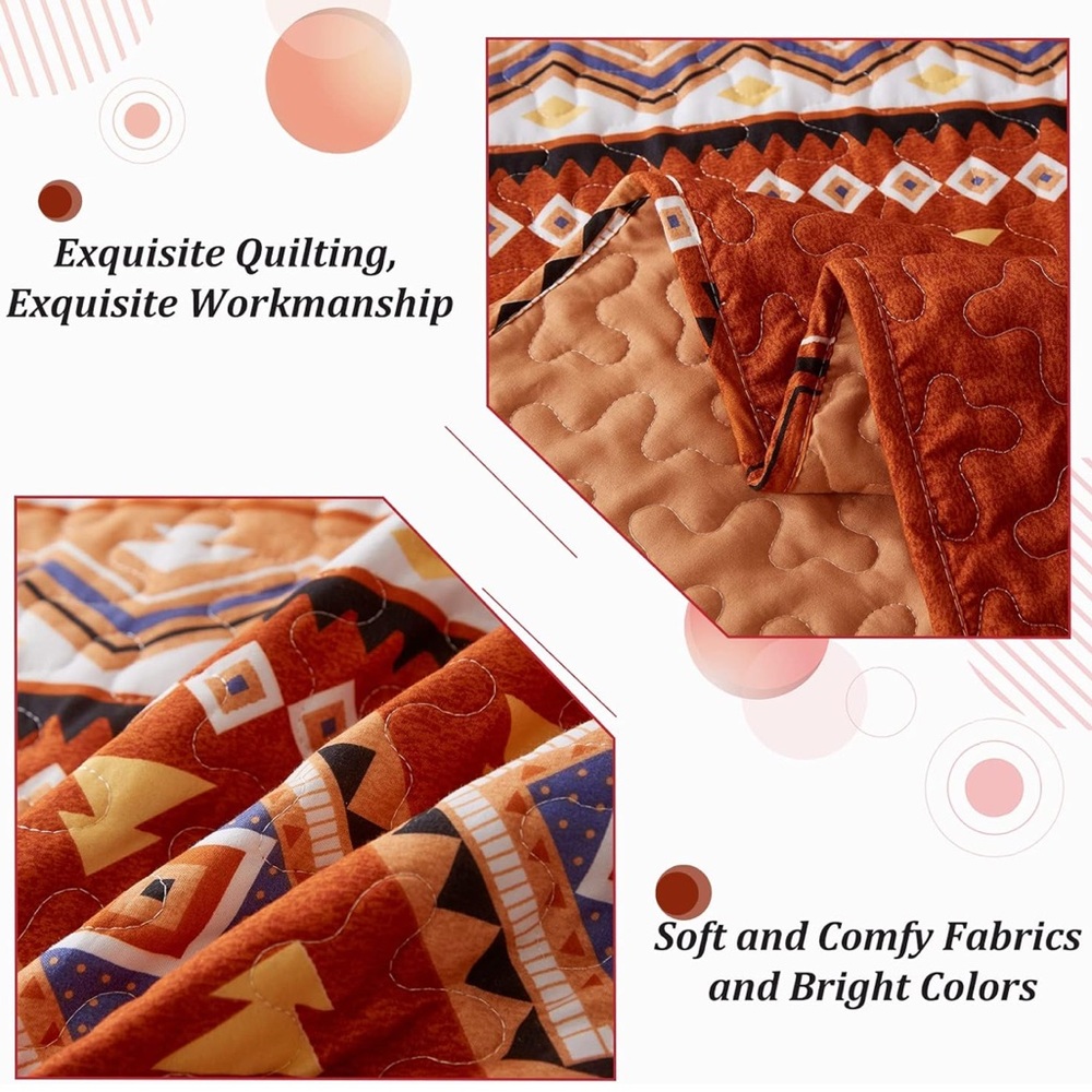 King Size Orange Quilt Set Geometric Pattern - Picture 6 of 8